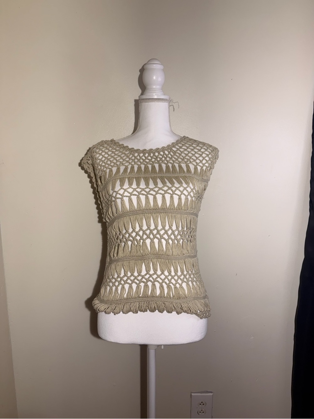 Crochet Open-Knit Cap Sleeve Top in Beige